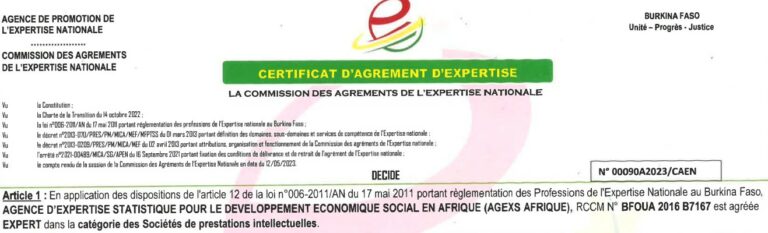 AGEXS AFRIQUE agréée Expert dans la catégorie des Sociétés de prestations intellectuelles au Burkina Faso