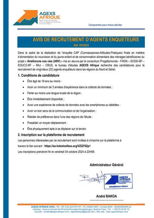 AVIS DE RECRUTEMENT D’AGENTS ENQUETEURS Réf :03/2024